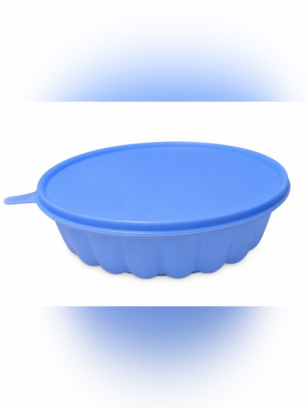 Vintage Tupperware Blue Round Jello Mold with Lid Fluted Gelatin Dessert Bowl